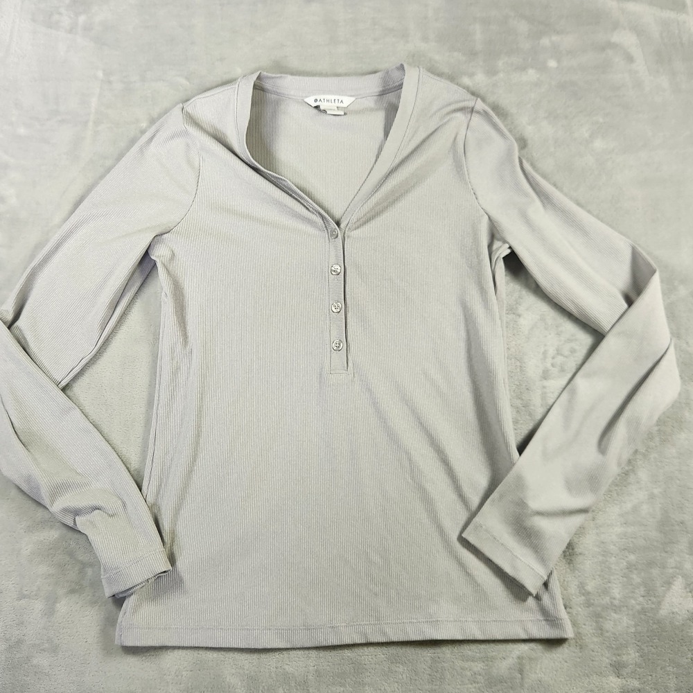 Athleta Uptempo Ribbed Henley Top‎ Long Sleeve Gray Lightweight Size Medium